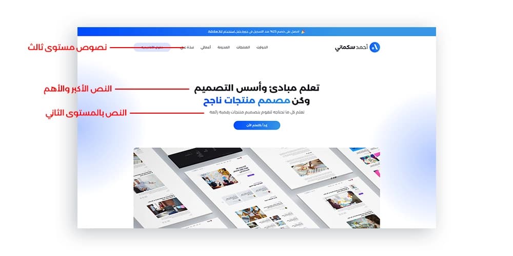 صفحة عربية مع أسهم تميّز العنوان الكبير والوصف الأصغر وروابط التصفّح.