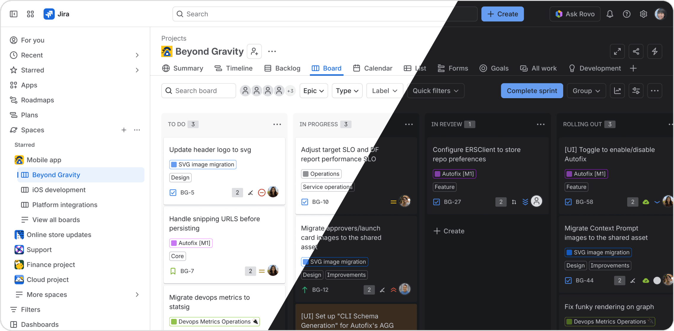 لوحة مهام في Jira مقسومة بصريًا بين الوضع الفاتح والداكن، مع بقاء ترتيب البطاقات وأجزاء الواجهة نفسه.