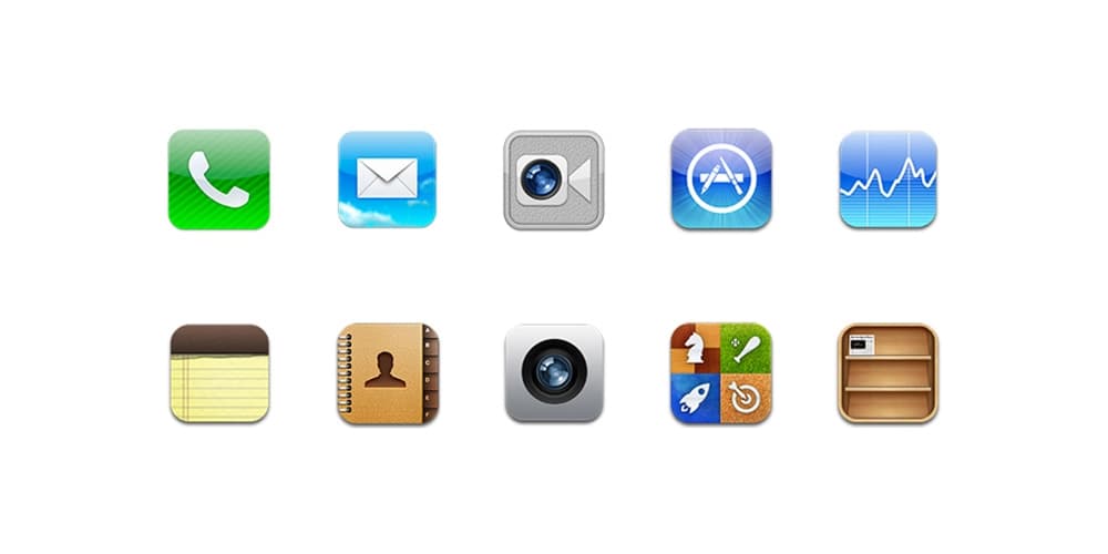 عشر أيقونات قديمة لتطبيقات iOS، منها الملاحظات ودفتر العناوين ورف الكتب.