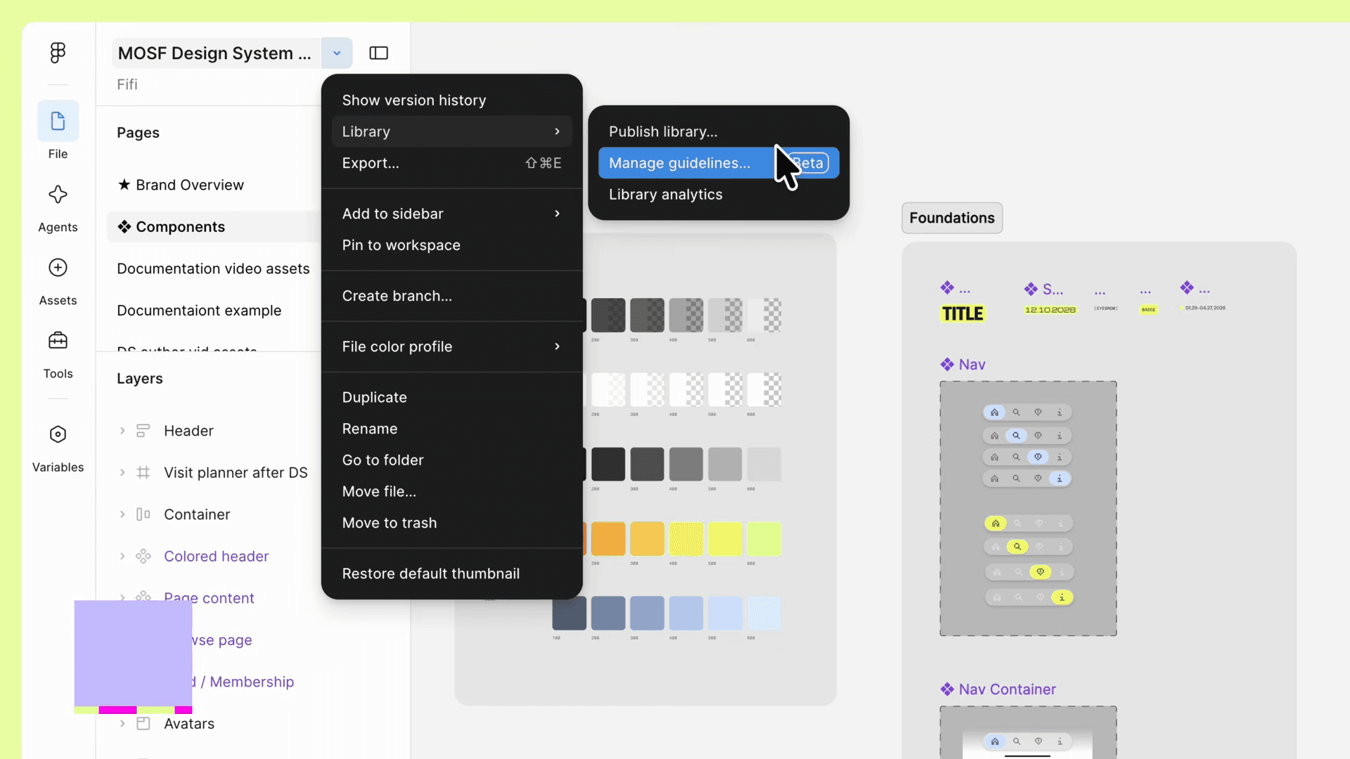 قائمة Library مفتوحة داخل ملف Figma مع تحديد خيار Manage guidelines.