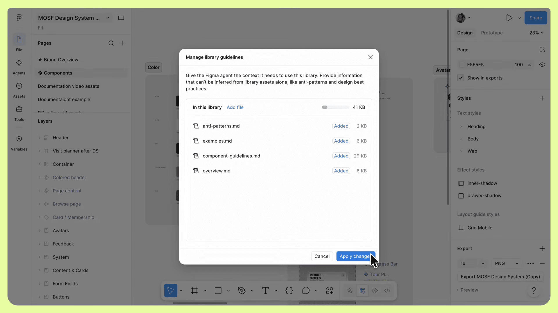 نافذة Manage library guidelines تعرض أربعة ملفات Markdown مضافة وزر Apply changes لتطبيقها.
