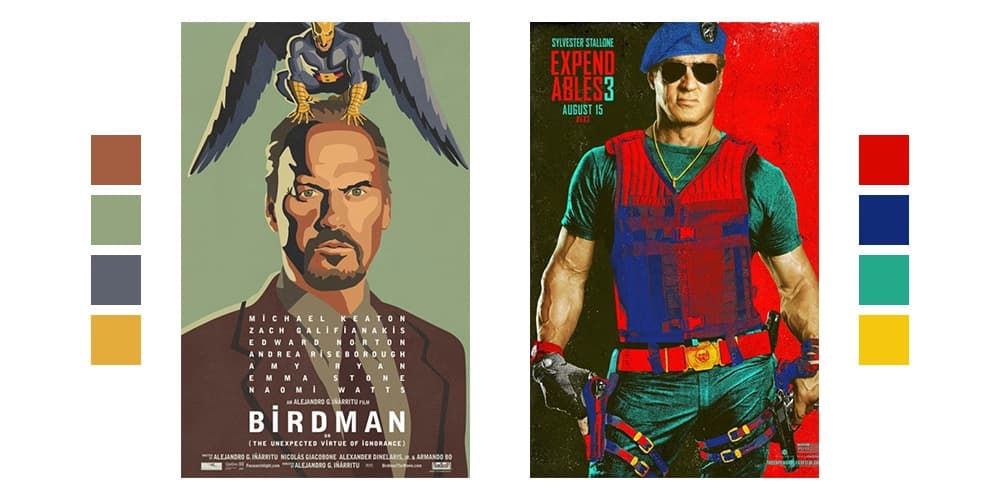 ملصقا Birdman وThe Expendables 3 مع عينات ألوان تبين اختلاف الدرجات الهادئة والألوان القوية بينهما.