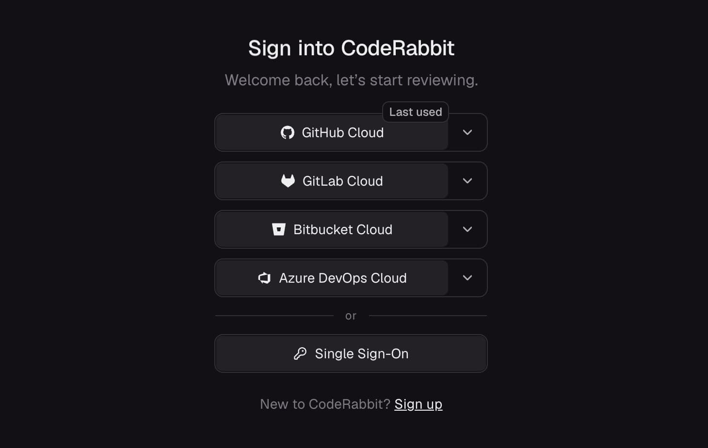 شاشة تسجيل الدخول إلى CodeRabbit تعرض خيارات متعددة، مع علامة Last used فوق خيار GitHub Cloud.