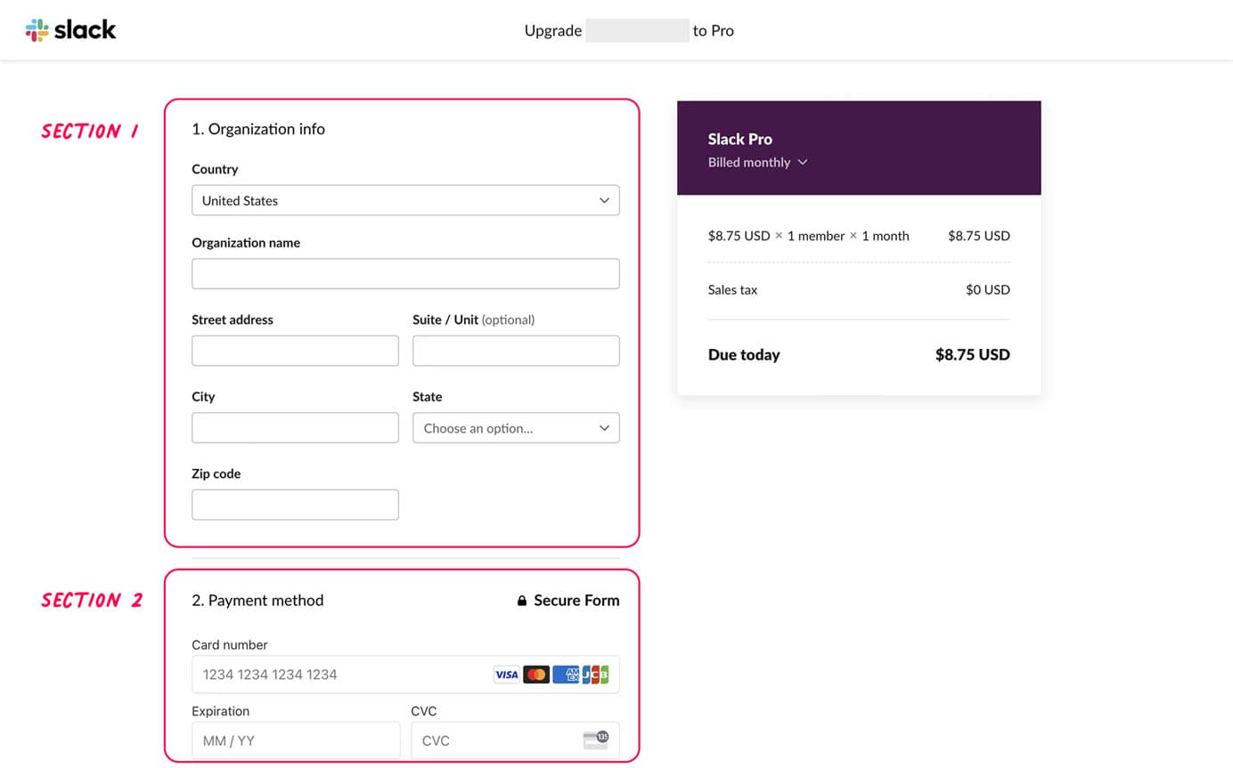 نَمُوذج ترقية Slack يفصل معلومات المؤسسة عن طريقة الدفع، مع مُلخَّص التكلفة على اليمين؛ الإطارات الوردية أضافها المصدر لتوضيح المجموعات.